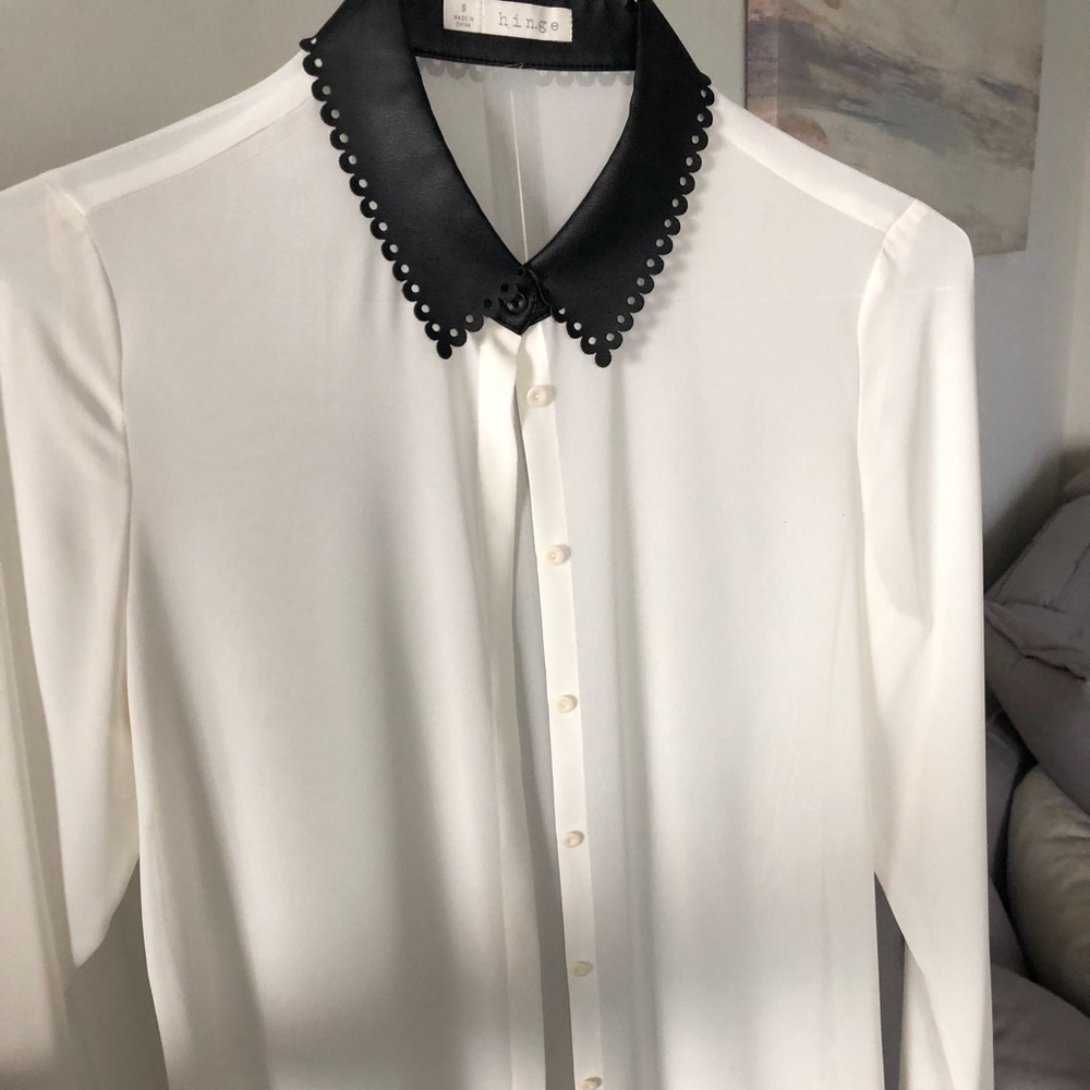 Sheer blouse with faux leather collar